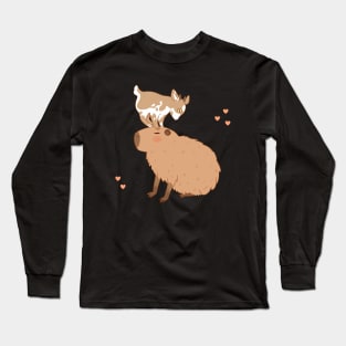 Cute capybara with a baby goat on its head Long Sleeve T-Shirt